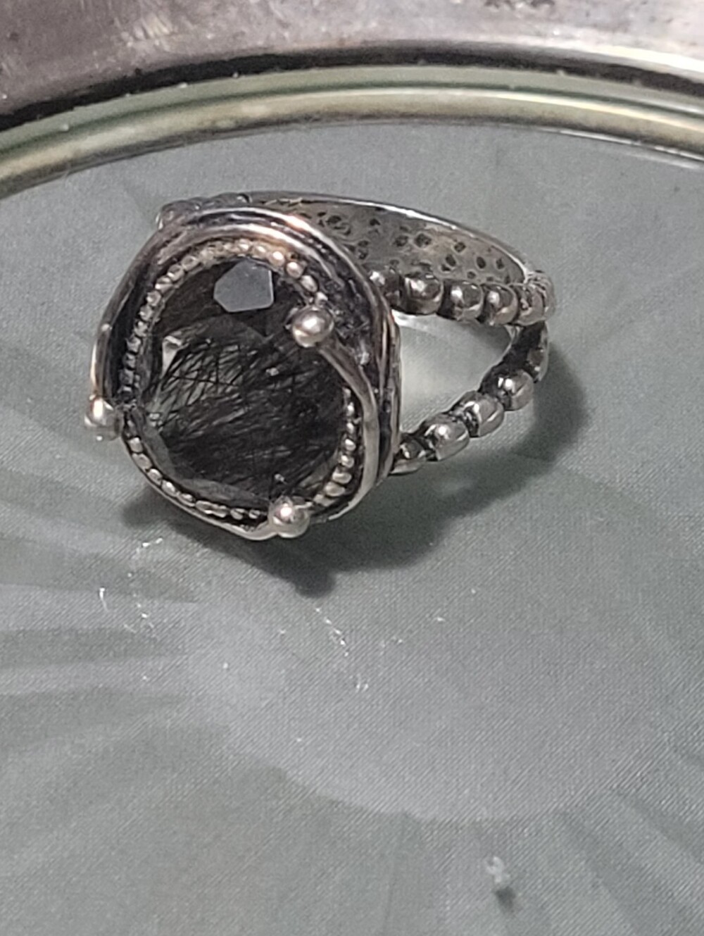 Sterling Silver Black Rutilated Quartz Split-Shank Ring